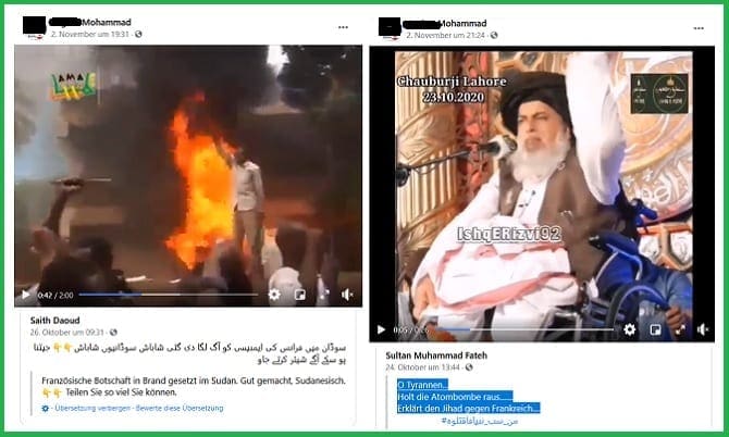 Screenshots Postings gegen Frankreich