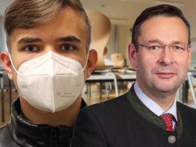 Hermann Brückl und Schüler mit Maske