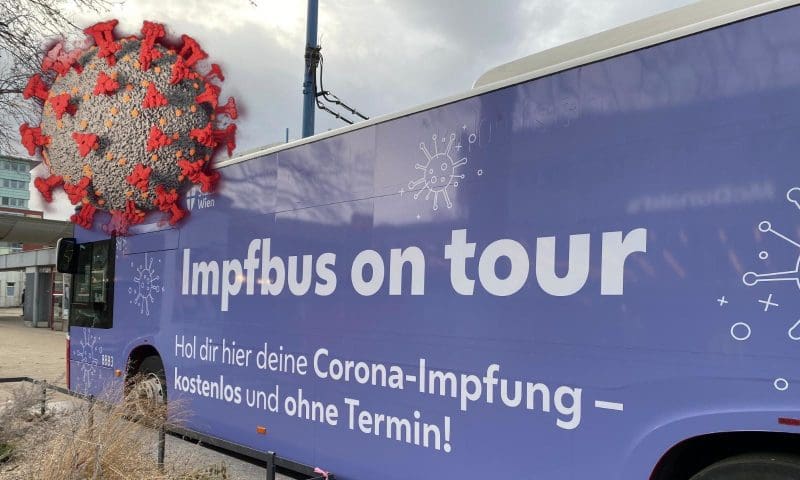 impfbus und Omikron-Virus-Darstellung