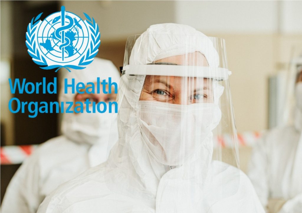 WHO-Logo und Pandemie-Kleidung