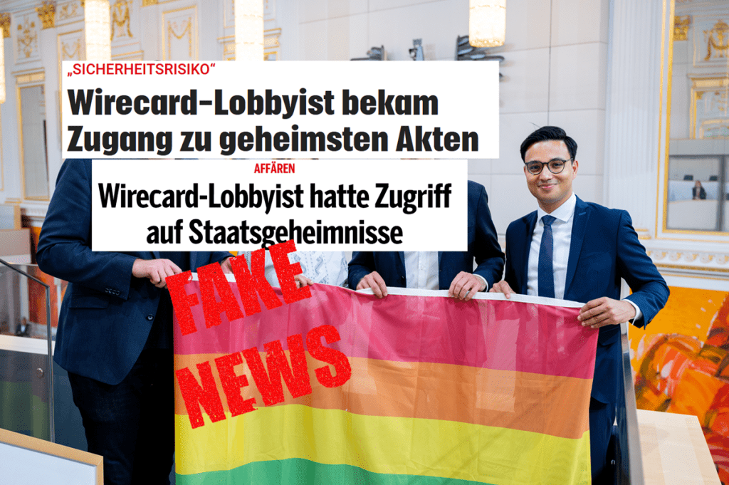 Yannick Shetty mit Regenbogenfahne und von ihm verbreiteten "Fake News"